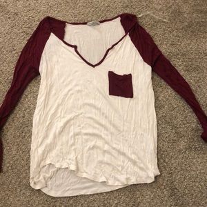 Long sleeve white and maroon baseball tee!